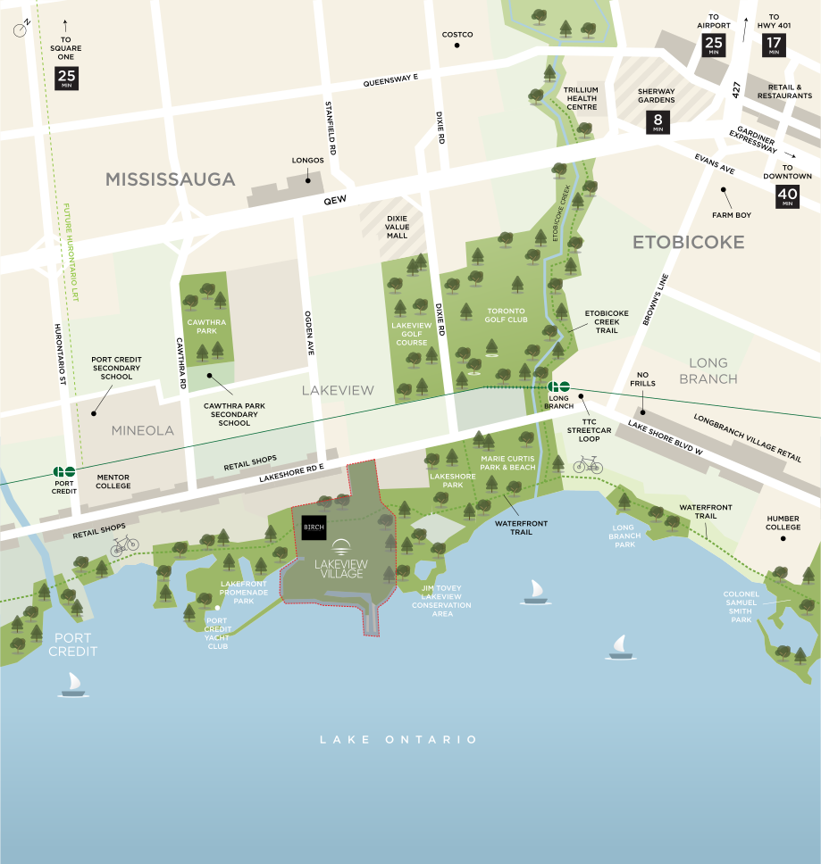 Birch Condos and Towns at Lakeview Village Mississauga area map showing nearby transit and amenities