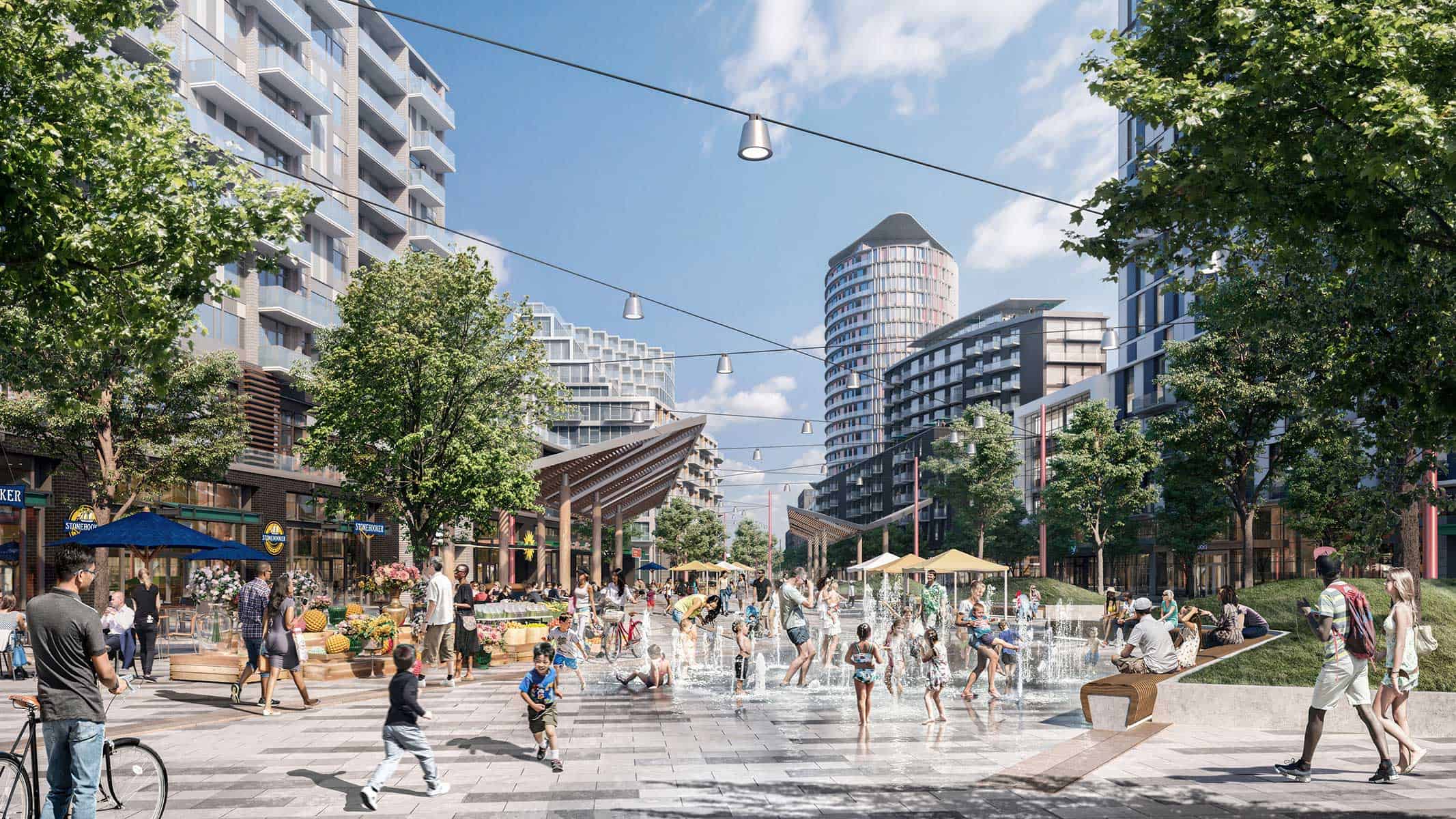 Lakeview Village Mississauga summer street and plaza view